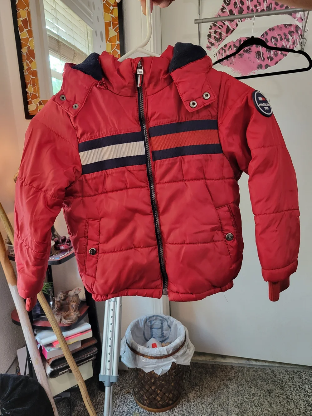 Tommy Hilfiger Red Puffer Jacket with Navy & White Stripes